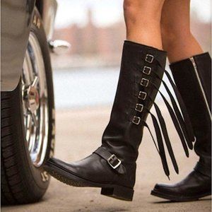 Frye Shoes 599 Frye Veronica Strap Tall Black Leather Fringe Moto Belted Knee High Boots Poshmark